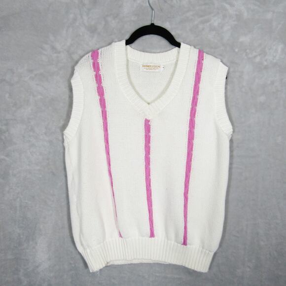 Wimbledon Tennis Sweater Vest Womens Large Cream Pink Vintage V Neck - Picture 1 of 8